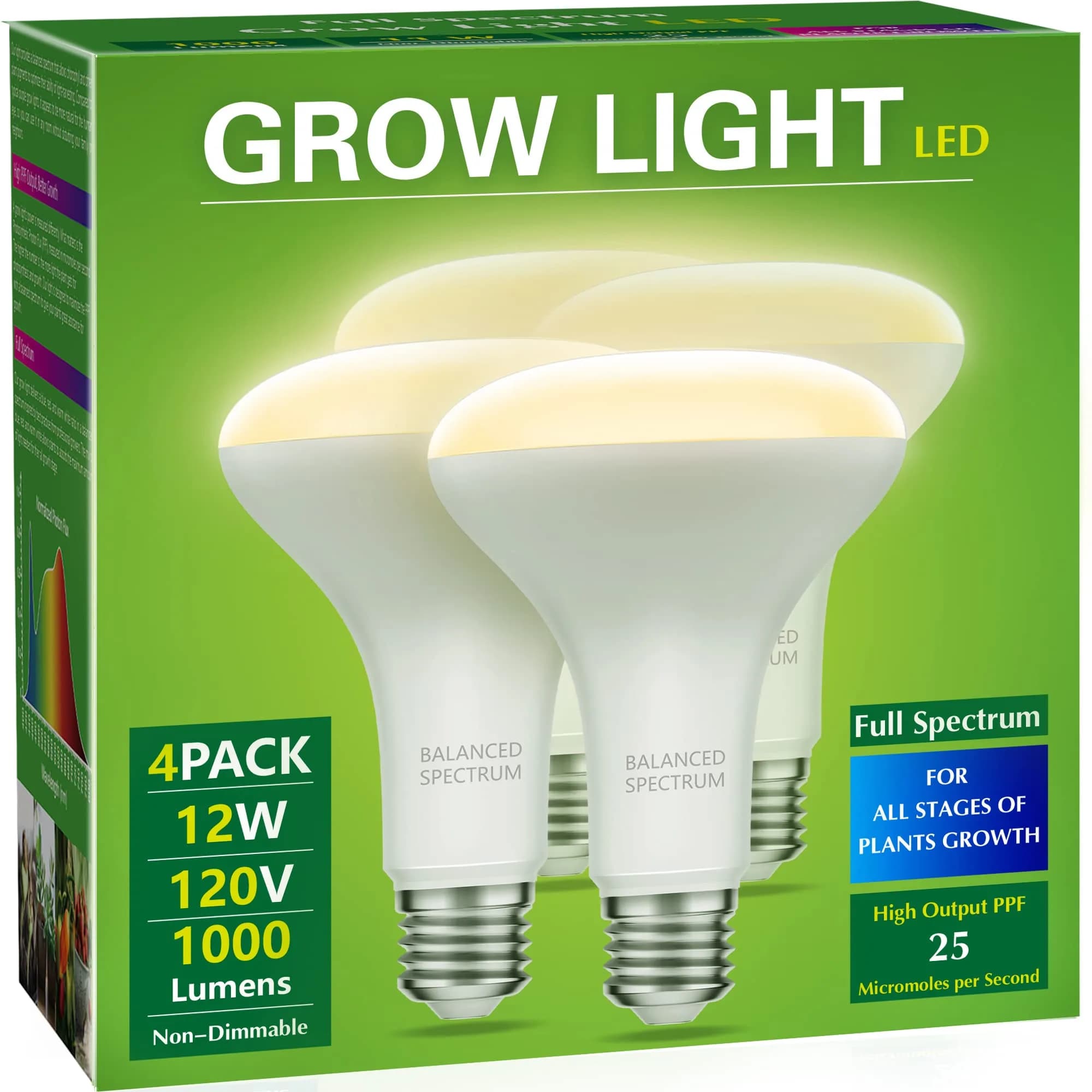 Briignite BR30 LED Grow Light Bulb 12W (4-Pack) | Full Spectrum for Seeds & Greens - main product image