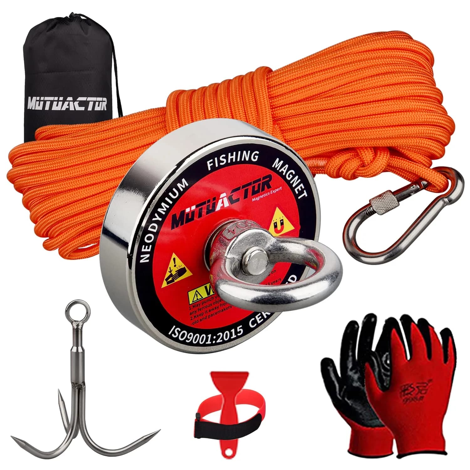 MUTUACTOR Heavy Duty Fishing Magnet Kit | 500lb Neodymium Magnets with 65Ft Rope & Grappling Hook for Underwater Recovery