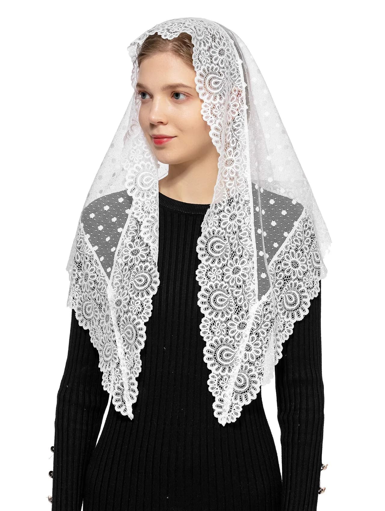 Wgior Triangle Lace Chapel Veil 54" Base x 25.5" Height | Vintage Inspired Mass Head Covering — White