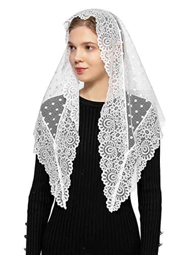 Wgior Triangle Lace Chapel Veil 54" Base x 25.5" Height | Vintage Inspired Mass Head Covering thumbnail 1