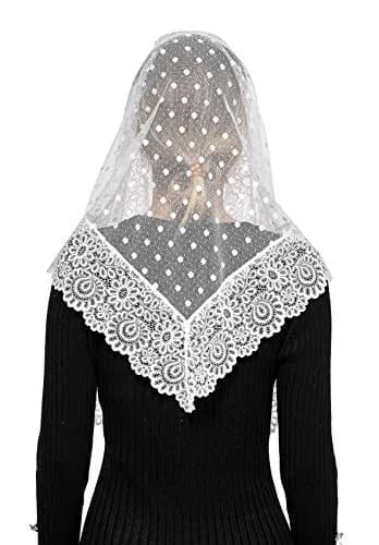 Wgior Triangle Lace Chapel Veil 54" Base x 25.5" Height | Vintage Inspired Mass Head Covering thumbnail 5