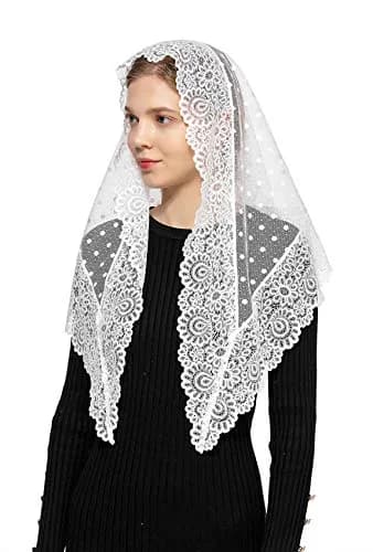 Wgior Triangle Lace Chapel Veil 54" Base x 25.5" Height | Vintage Inspired Mass Head Covering thumbnail 3