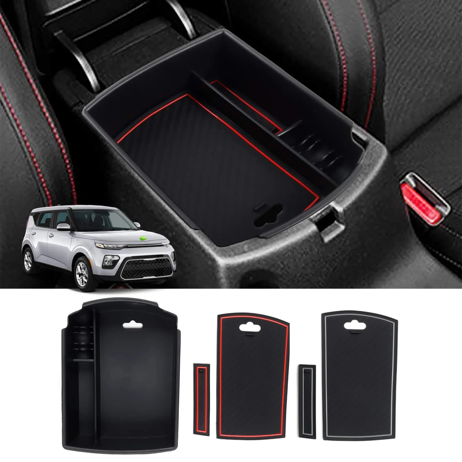 Autorder Center Console Organizer for Kia Soul 2020-2026 | ABS Plastic Armrest Storage Box with 2 Color Mats