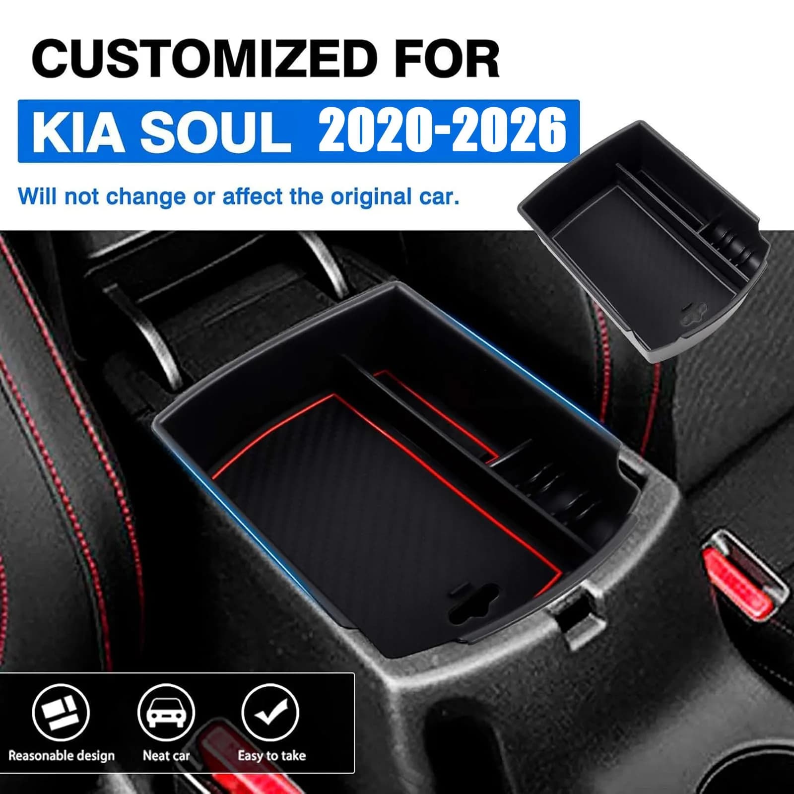 Autorder Center Console Organizer for Kia Soul 2020-2026 | ABS Plastic Armrest Storage Box with 2 Color Mats - view 2