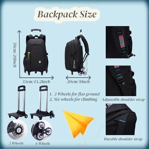 VIDOSCLA Rolling Backpack with Wheels for Kids & Teens | 50cm (20 Inch) Carry-On Size thumbnail 3