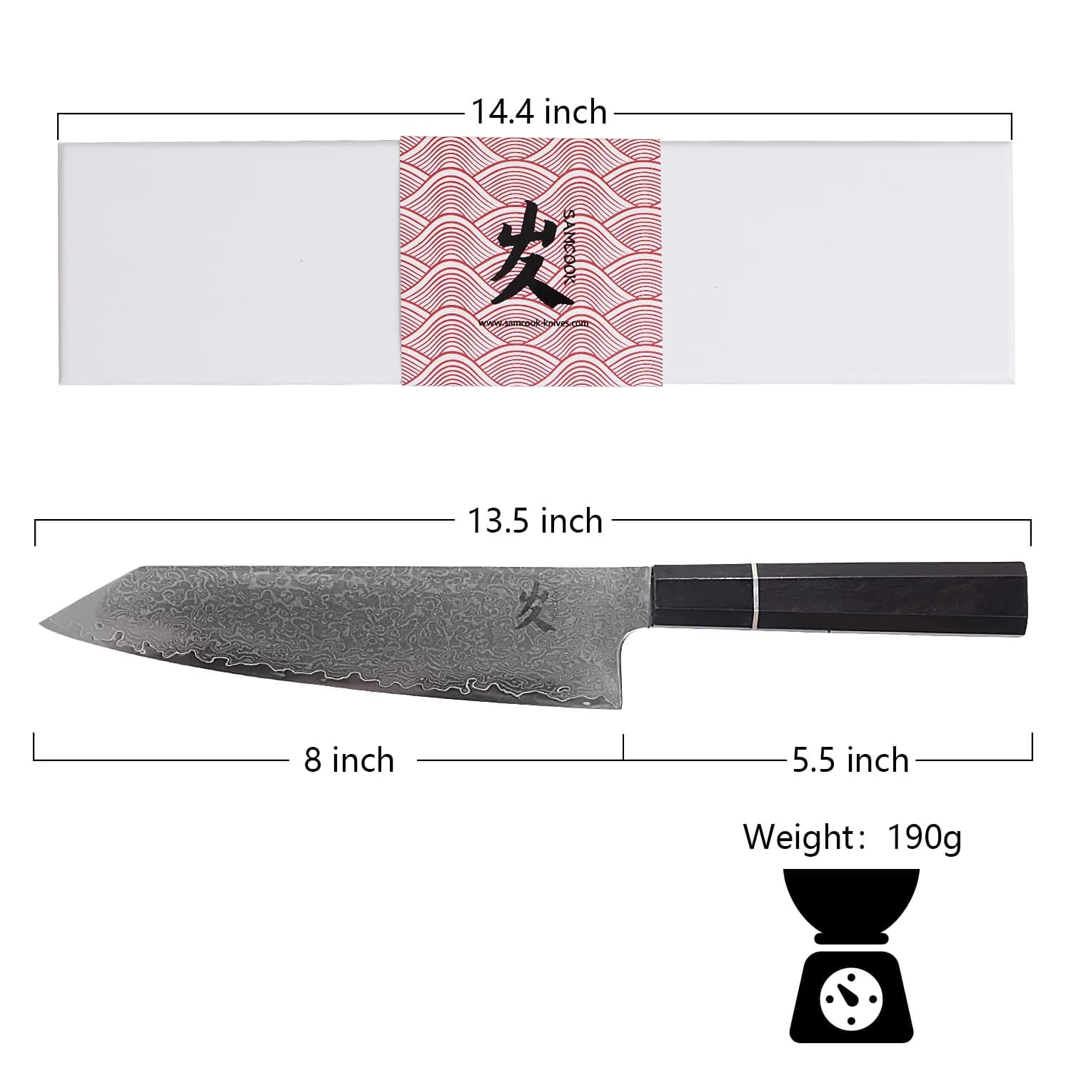 SAMCOOK 8 Inch Kiritsuke Chef Knife | High Carbon Damascus Steel Blade, Ebony Handle - view 2