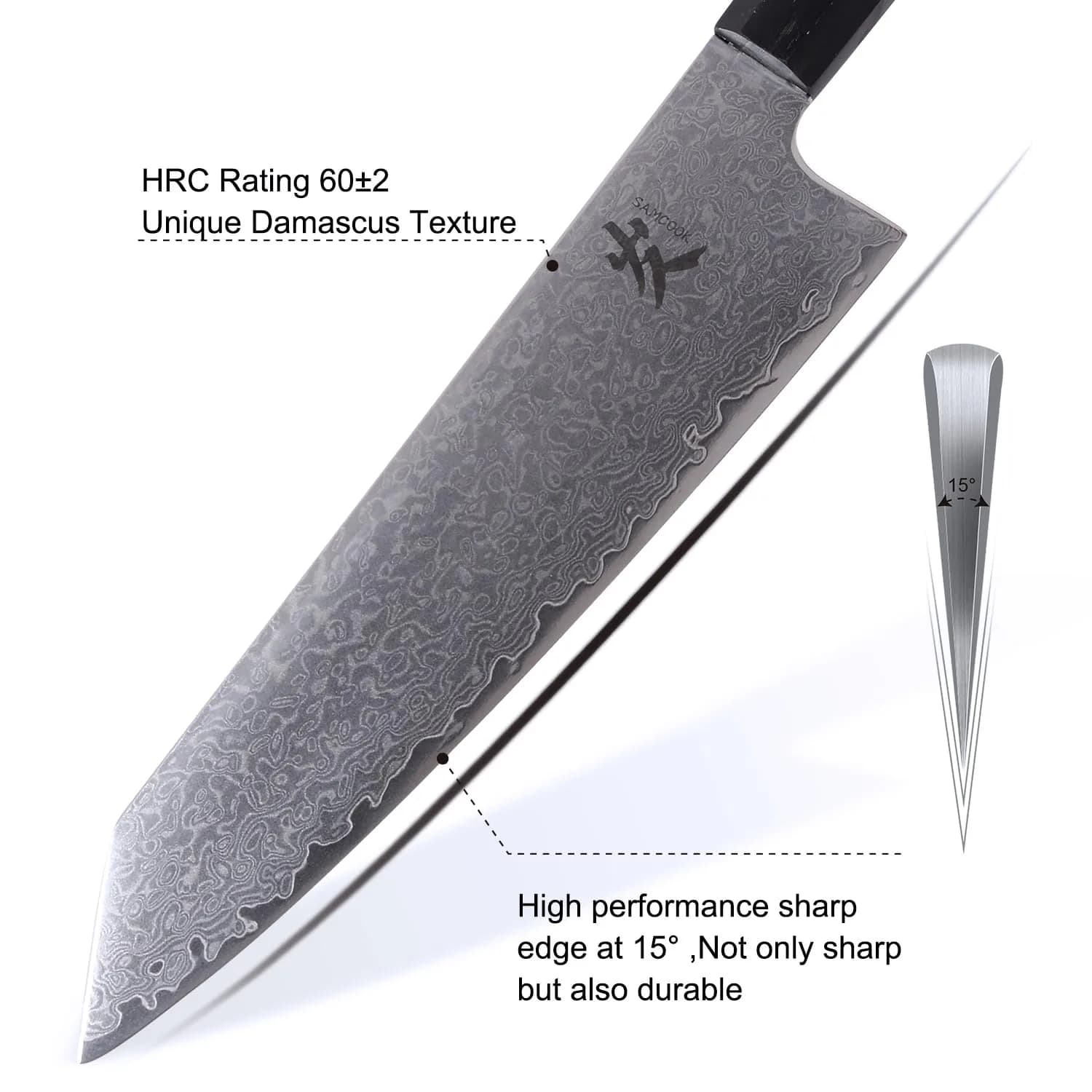 SAMCOOK 8 Inch Kiritsuke Chef Knife | High Carbon Damascus Steel Blade, Ebony Handle - view 3