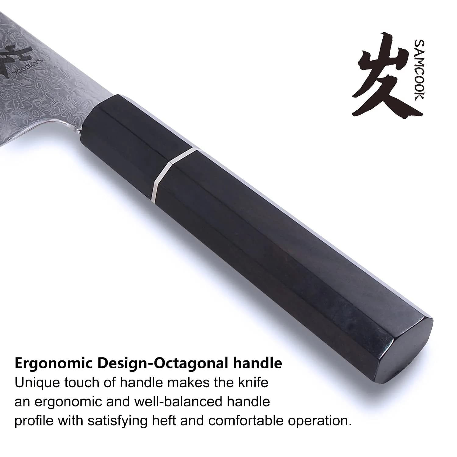 SAMCOOK 8 Inch Kiritsuke Chef Knife | High Carbon Damascus Steel Blade, Ebony Handle - view 4