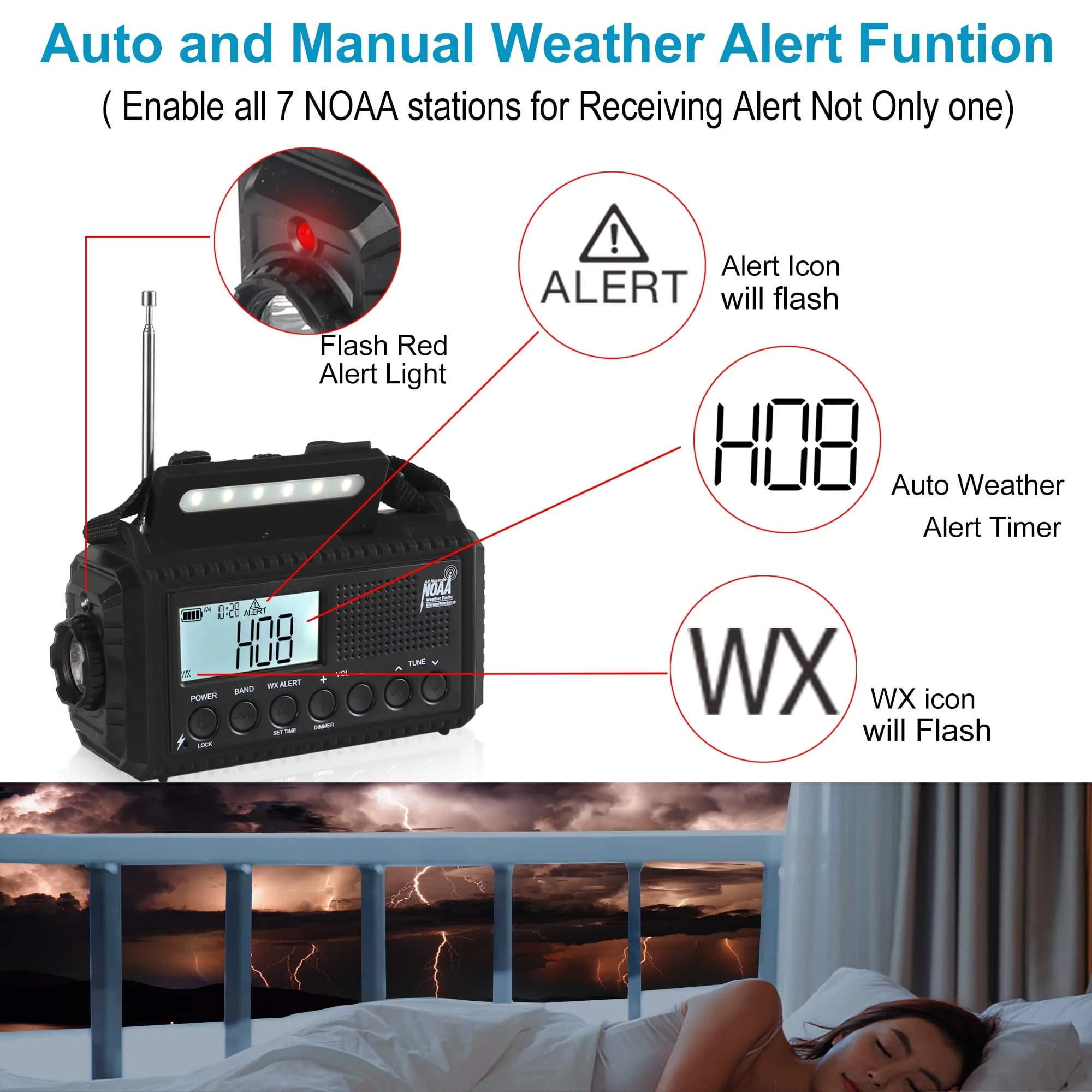 Mesqool NOAA Weather Radio Auto Alert Digital with LCD Screen, 5000mAh 5 Way Powered | Emergency Radio with Flashlight & SOS - view 2