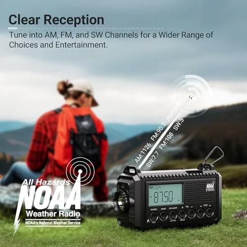 Mesqool NOAA Weather Radio Auto Alert Digital with LCD Screen, 5000mAh 5 Way Powered | Emergency Radio with Flashlight & SOS thumbnail 3