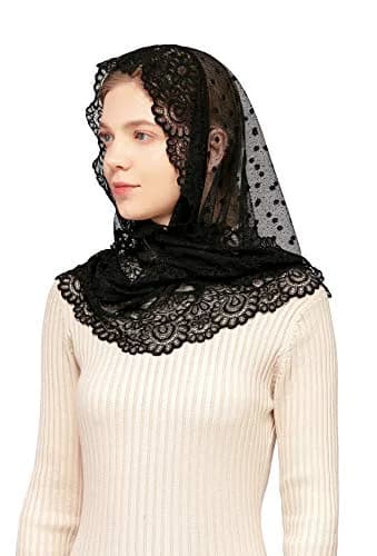 Wgior Triangle Vintage Inspired Lace Chapel Veils Black | Elegant Church Head Covering (70-120 chars) thumbnail 4
