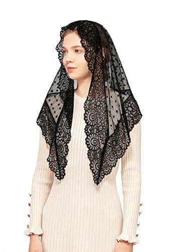 Wgior Triangle Vintage Inspired Lace Chapel Veils Black | Elegant Church Head Covering (70-120 chars) thumbnail 2