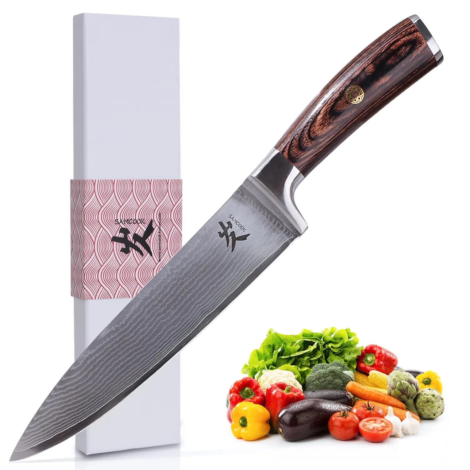 SAMCOOK Damascus Chef Knife 8 Inch Japanese Knife with Pakkawood Handle | Forged High Carbon Stainless Steel Blade - main product image