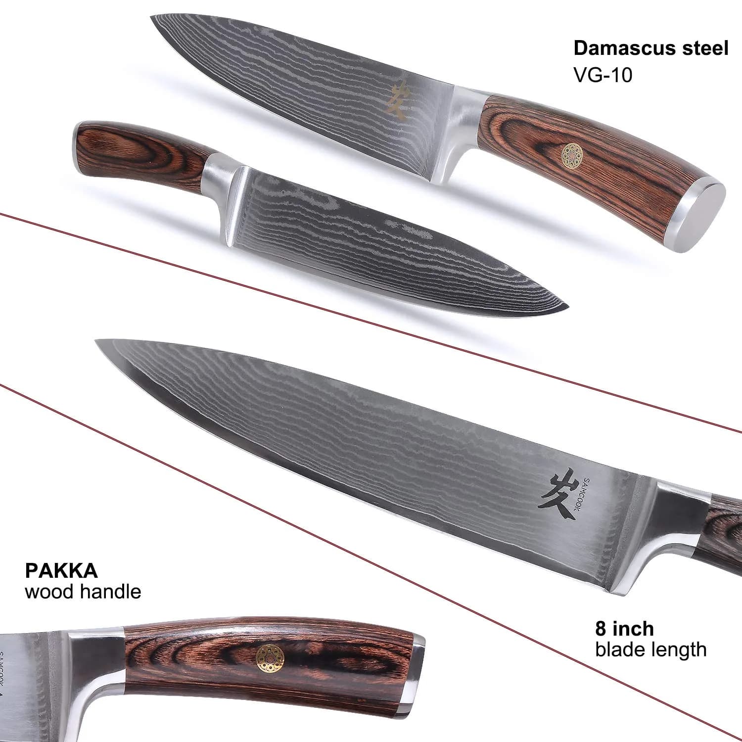 SAMCOOK Damascus Chef Knife 8 Inch Japanese Knife with Pakkawood Handle | Forged High Carbon Stainless Steel Blade - view 8