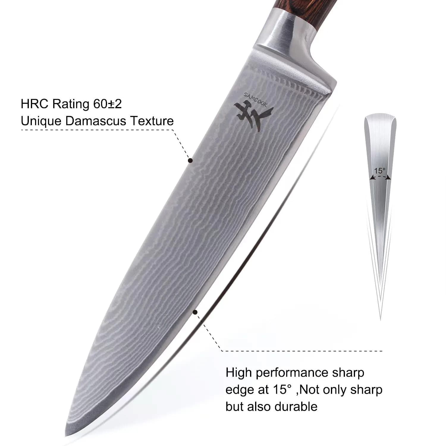 SAMCOOK Damascus Chef Knife 8 Inch Japanese Knife with Pakkawood Handle | Forged High Carbon Stainless Steel Blade - view 3