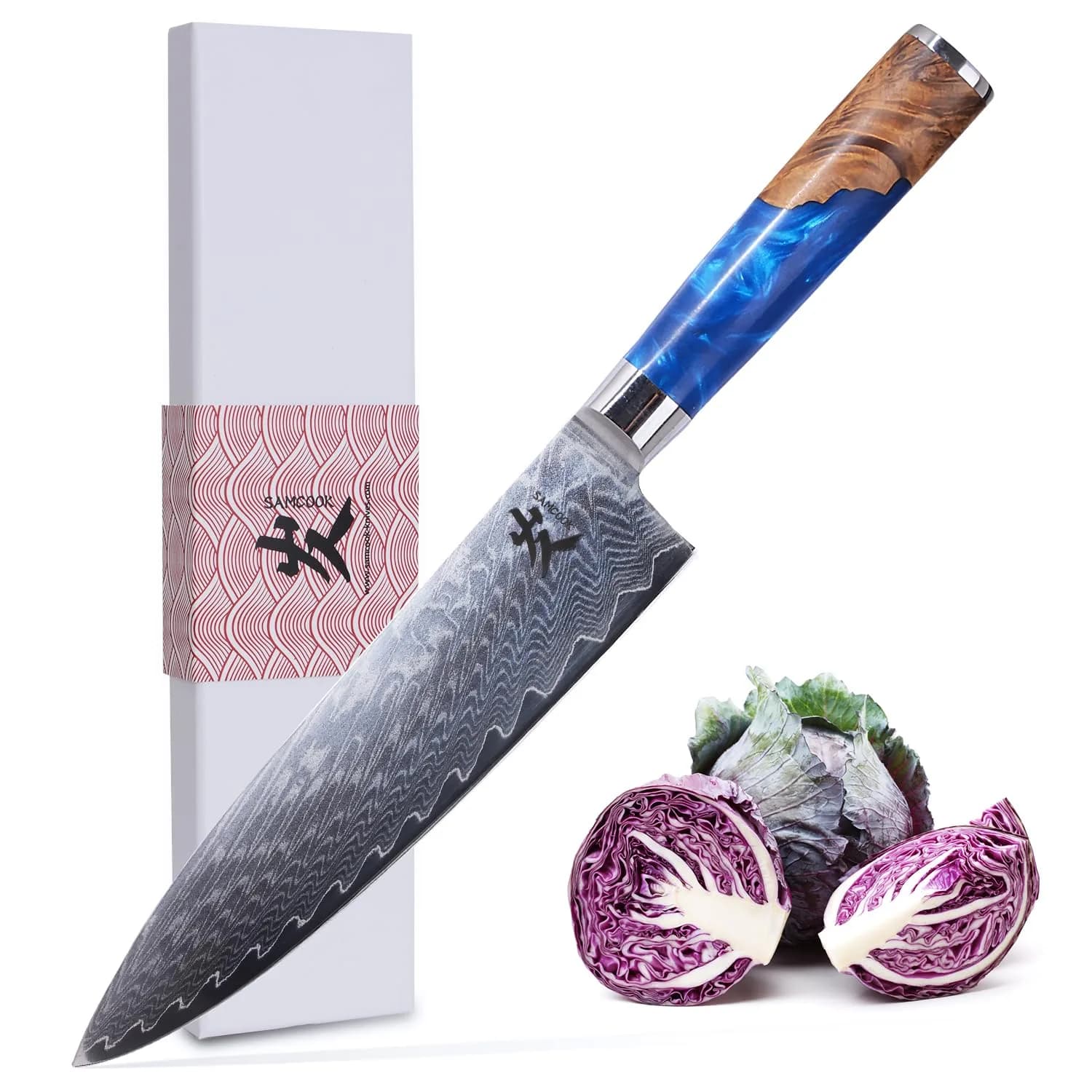 SAMCOOK 8 Inch Damascus Chef Knife | Japanese Gyuto Knife with Blue Resin Wood Handle - main product image