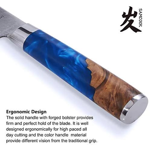 SAMCOOK 8 Inch Damascus Chef Knife | Japanese Gyuto Knife with Blue Resin Wood Handle thumbnail 4