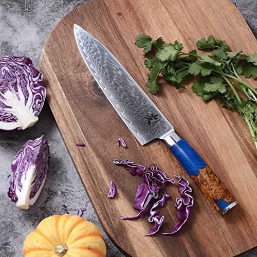 SAMCOOK 8 Inch Damascus Chef Knife | Japanese Gyuto Knife with Blue Resin Wood Handle thumbnail 5