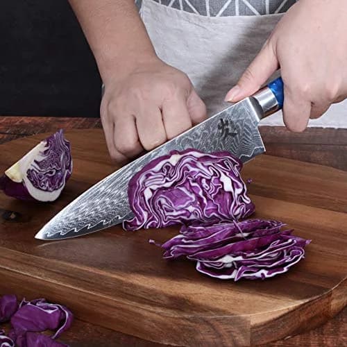 SAMCOOK 8 Inch Damascus Chef Knife | Japanese Gyuto Knife with Blue Resin Wood Handle thumbnail 6