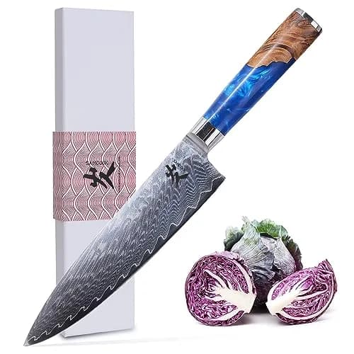 SAMCOOK 8 Inch Damascus Chef Knife | Japanese Gyuto Knife with Blue Resin Wood Handle thumbnail 1