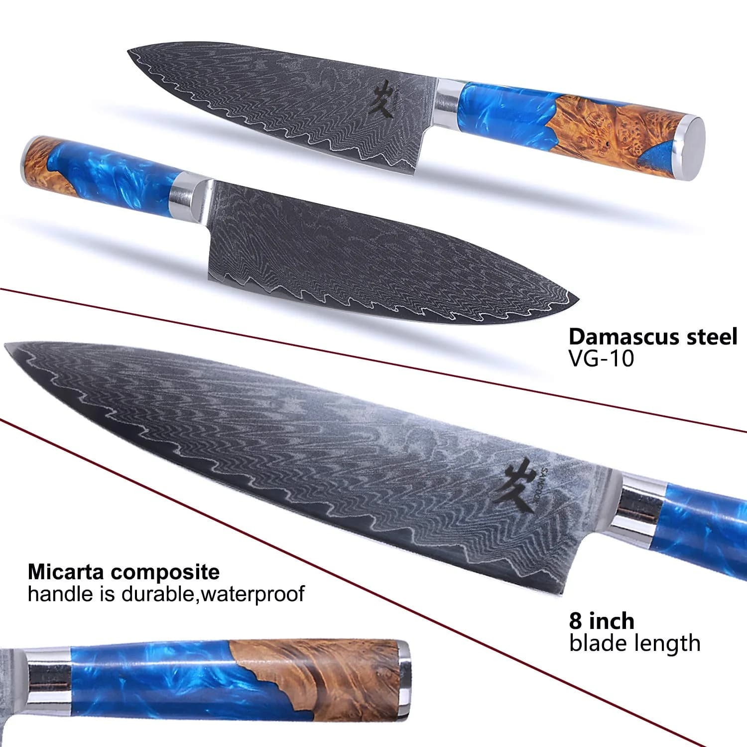 SAMCOOK 8 Inch Damascus Chef Knife | Japanese Gyuto Knife with Blue Resin Wood Handle - view 8