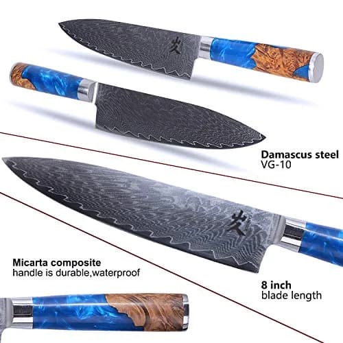 SAMCOOK 8 Inch Damascus Chef Knife | Japanese Gyuto Knife with Blue Resin Wood Handle thumbnail 8