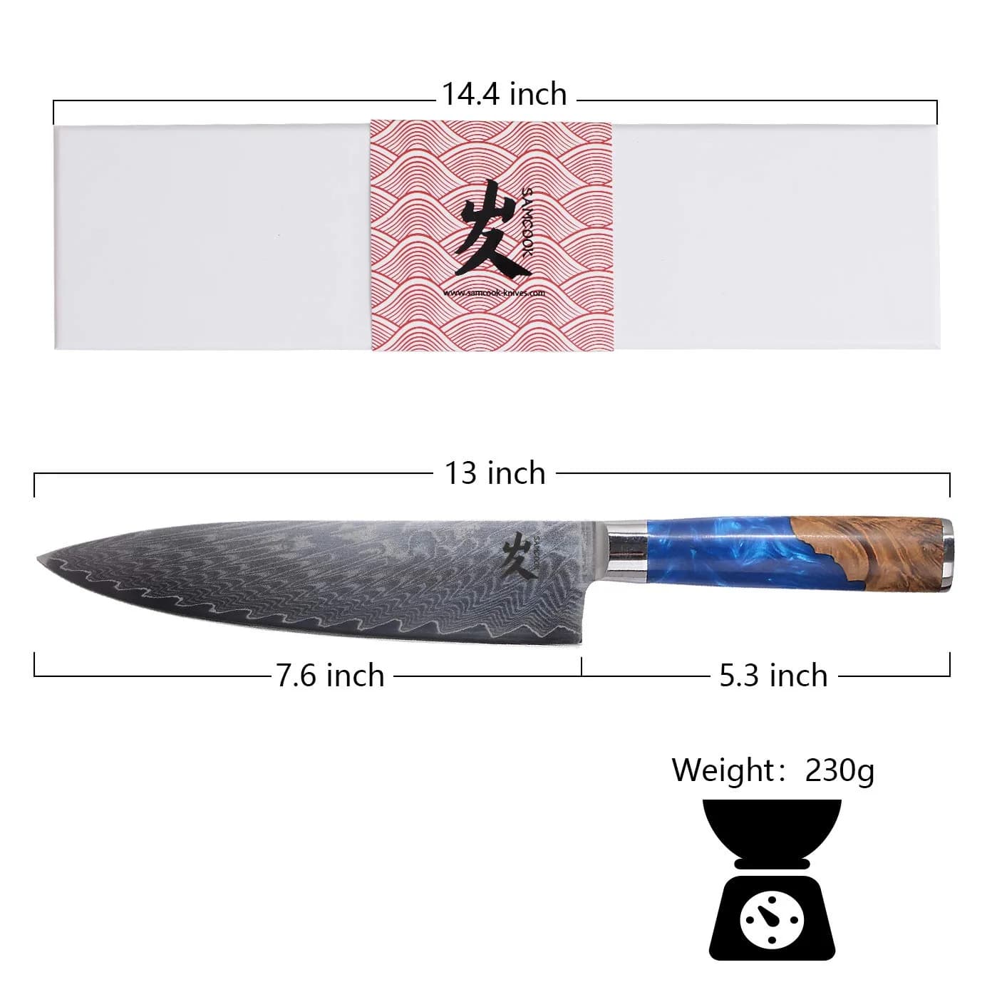 SAMCOOK 8 Inch Damascus Chef Knife | Japanese Gyuto Knife with Blue Resin Wood Handle - view 2