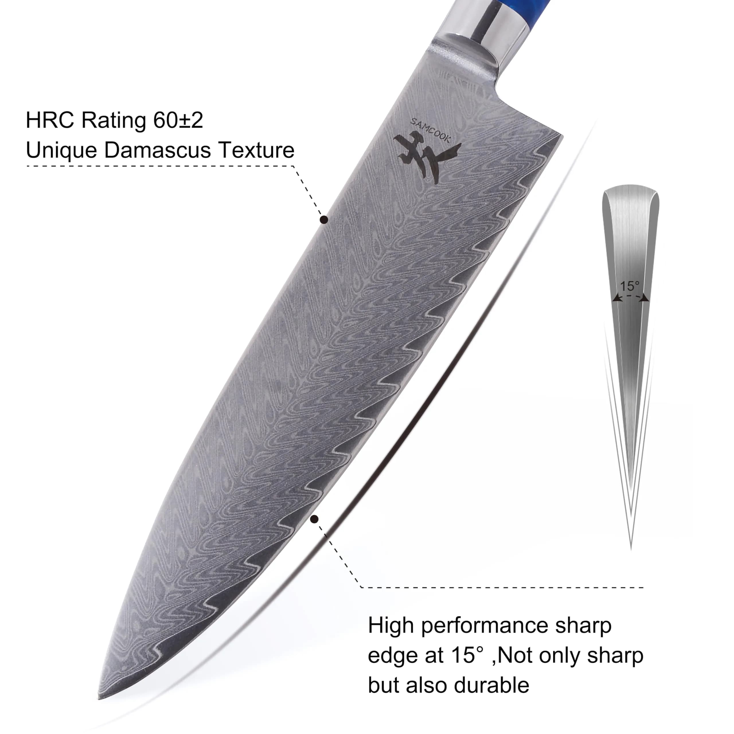 SAMCOOK 8 Inch Damascus Chef Knife | Japanese Gyuto Knife with Blue Resin Wood Handle - view 3
