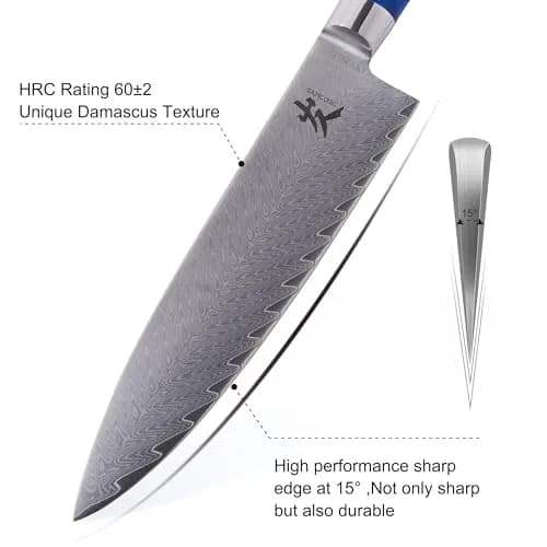 SAMCOOK 8 Inch Damascus Chef Knife | Japanese Gyuto Knife with Blue Resin Wood Handle thumbnail 3