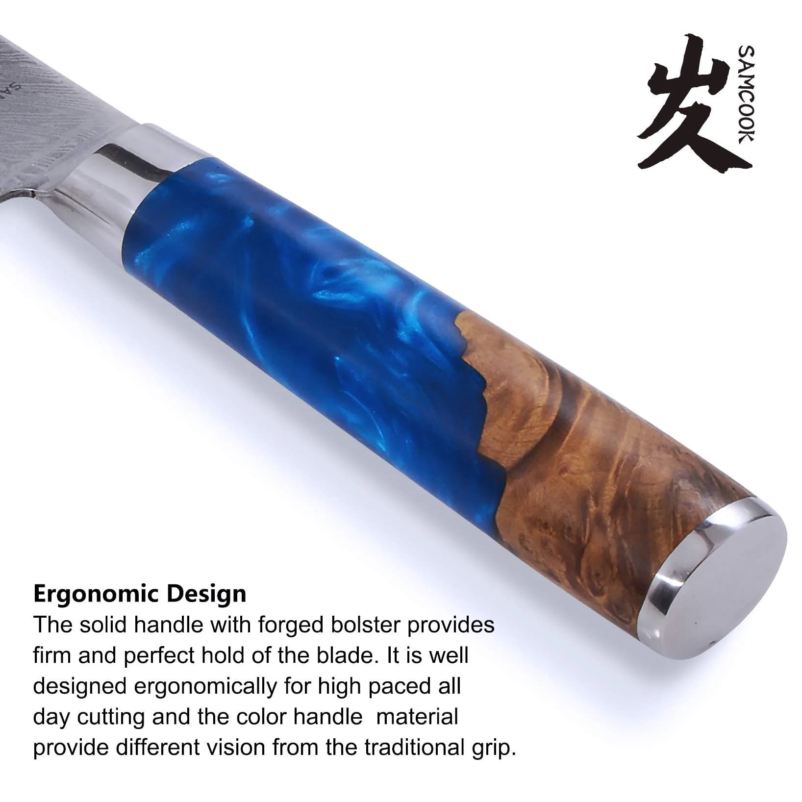 SAMCOOK 8 Inch Damascus Chef Knife | Japanese Gyuto Knife with Blue Resin Wood Handle - view 4