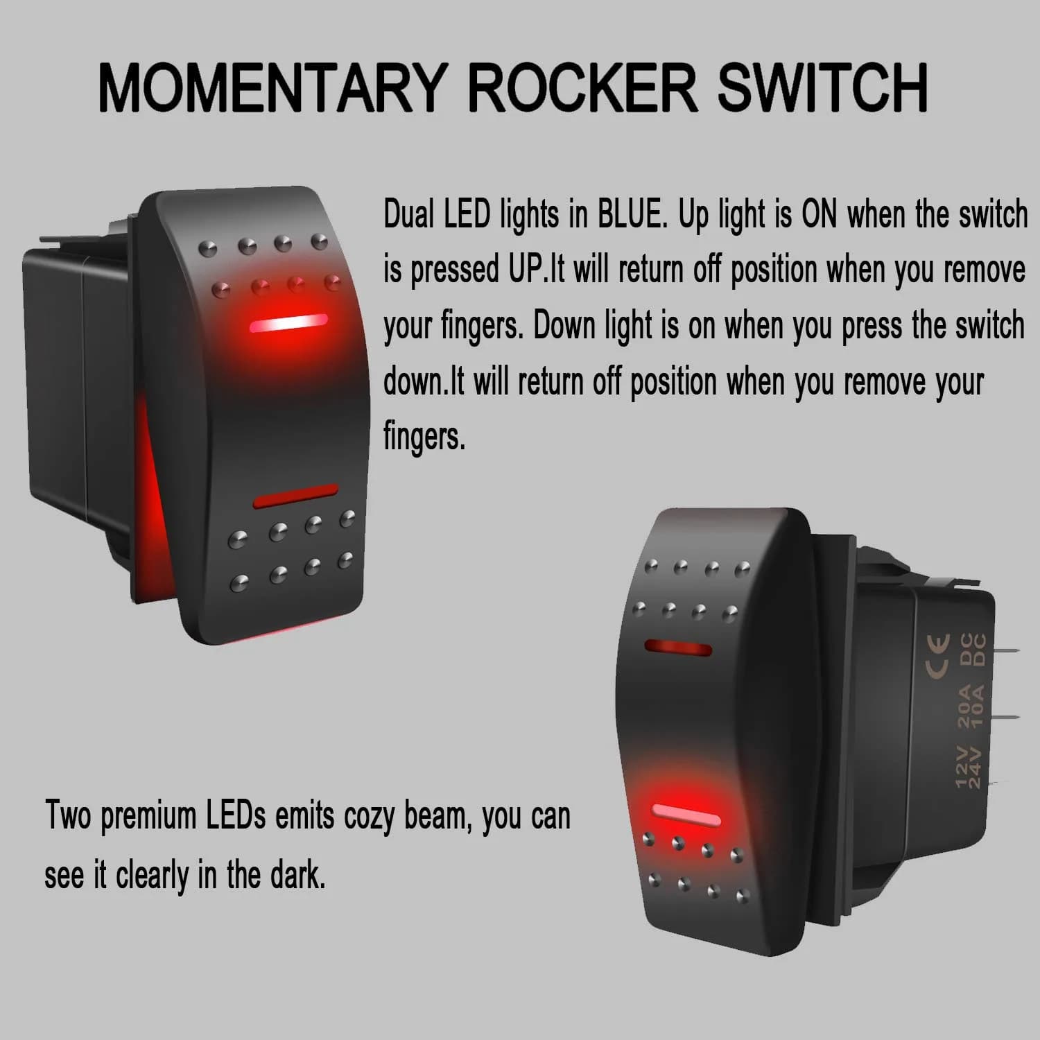 KEING Red LED Momentary Rocker Switch (ON)/Off/(ON) - 12V 20A / 24V 10A - 7-Pin DPDT Waterproof Toggle for Automotive, Marine, RVs - view 3