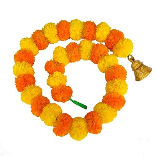 iHandikart Artificial Marigold Garland with Bells, 60 inch (152 cm) Length, Pack of 20 | Vibrant Yellow & Light Orange for Festive Decor thumbnail 4