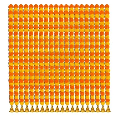 iHandikart Artificial Marigold Garland with Bells, 60 inch (152 cm) Length, Pack of 20 | Vibrant Yellow & Light Orange for Festive Decor thumbnail 1