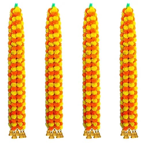 iHandikart Artificial Marigold Garland with Bells, 60 inch (152 cm) Length, Pack of 20 | Vibrant Yellow & Light Orange for Festive Decor thumbnail 2
