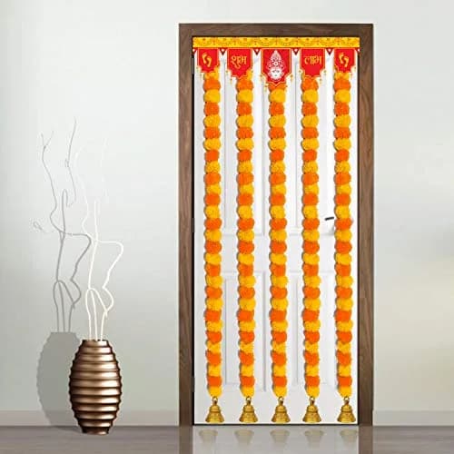 iHandikart Artificial Marigold Garland with Bells, 60 inch (152 cm) Length, Pack of 20 | Vibrant Yellow & Light Orange for Festive Decor thumbnail 3