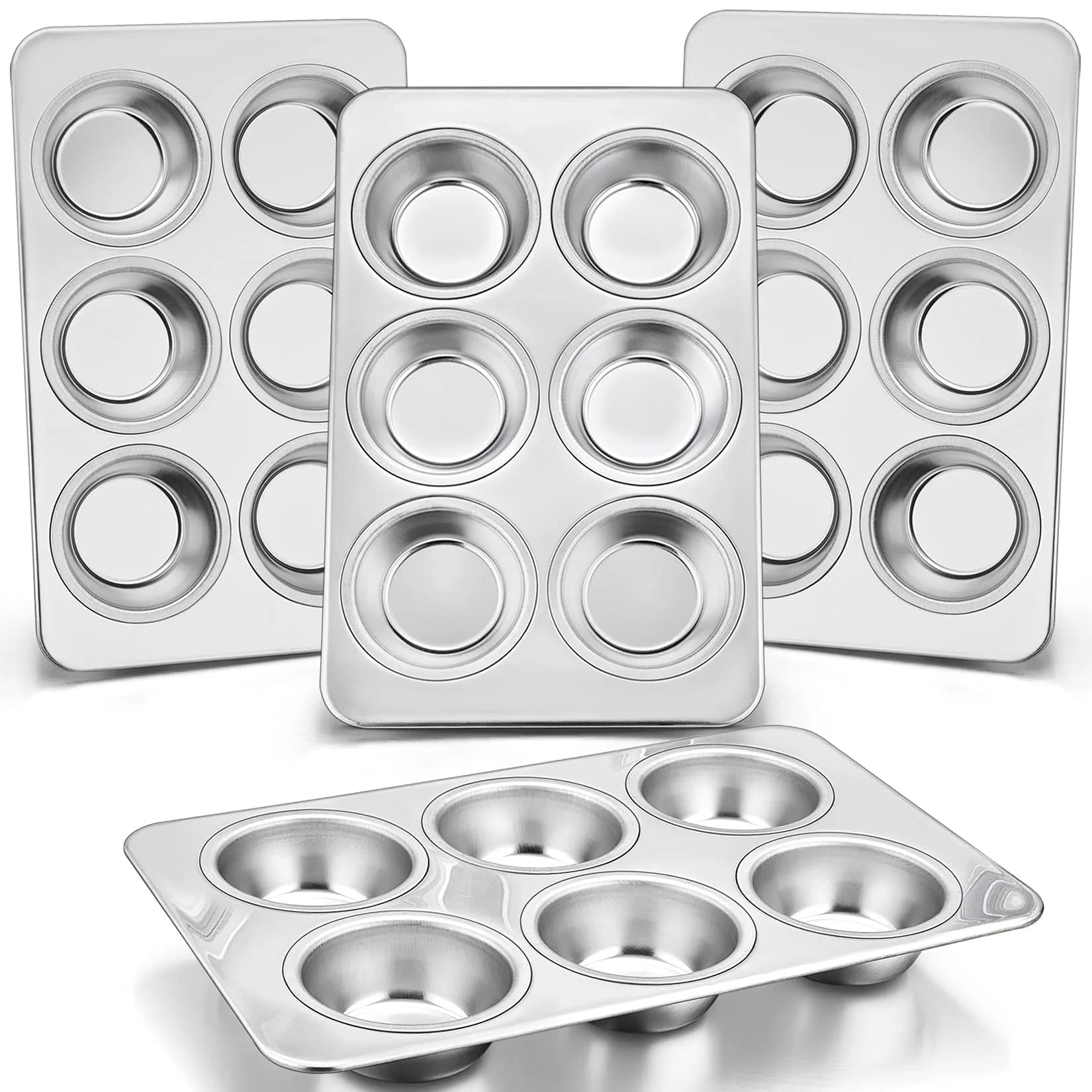 P&P CHEF 6-Cup Muffin Pan Tin, Stainless Steel Cupcake Pan, 4Pcs | Heavy Duty & Dishwasher Safe