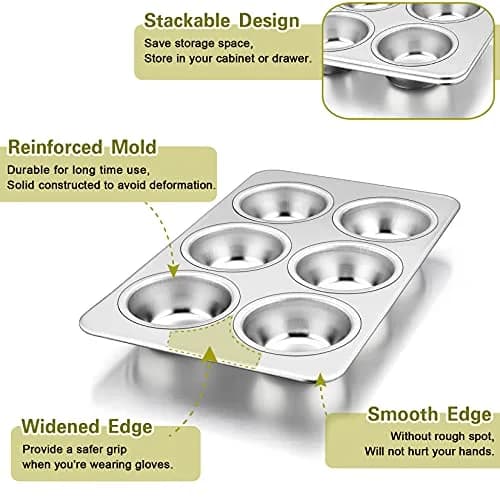 P&P CHEF 6-Cup Muffin Pan Tin, Stainless Steel Cupcake Pan, 4Pcs | Heavy Duty & Dishwasher Safe thumbnail 3
