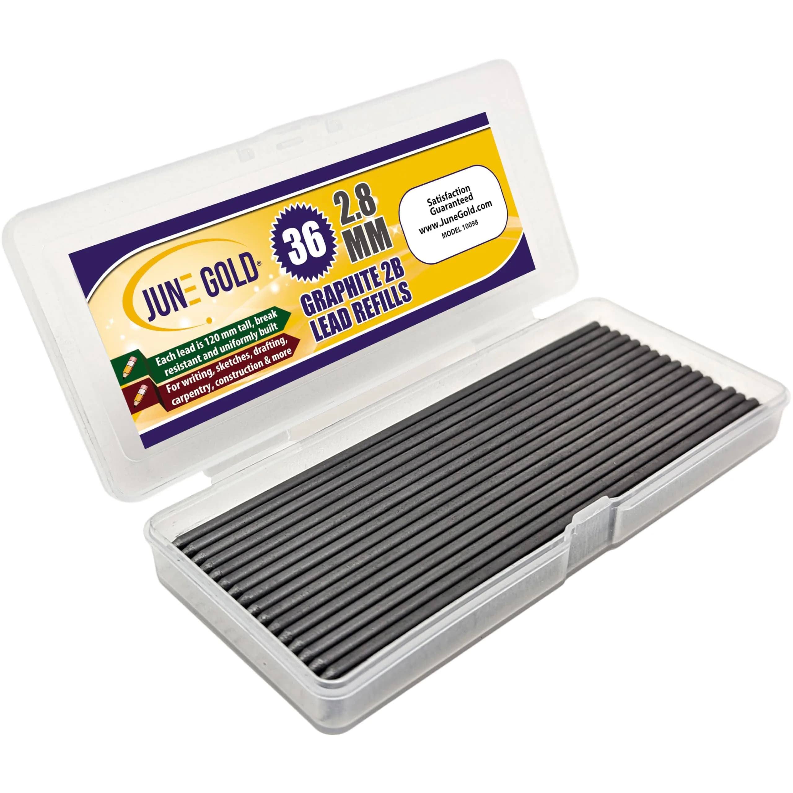 June Gold 2.8 mm 2B Graphite Lead Refills, 120 mm Length, 36 Count | Smooth Writing & Break Resistance - main product image
