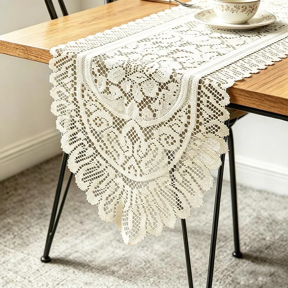 Tinsow Cotton Crochet Lace Table Runner 13" x 44" | Beige Rectangular Decor — Beige Style (13" X 44")