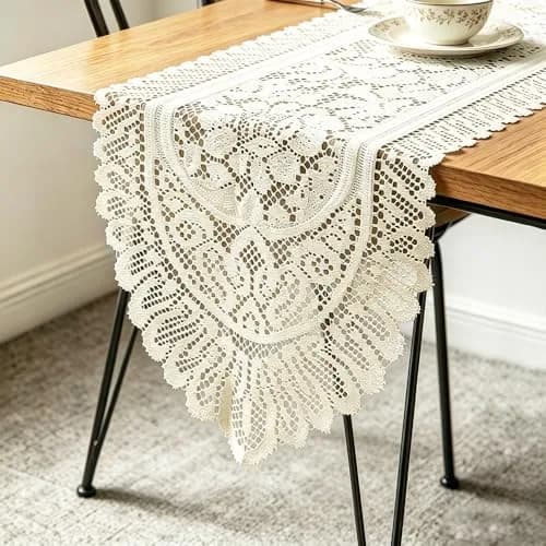 Tinsow Cotton Crochet Lace Table Runner 13" x 44" | Beige Rectangular Decor thumbnail 1