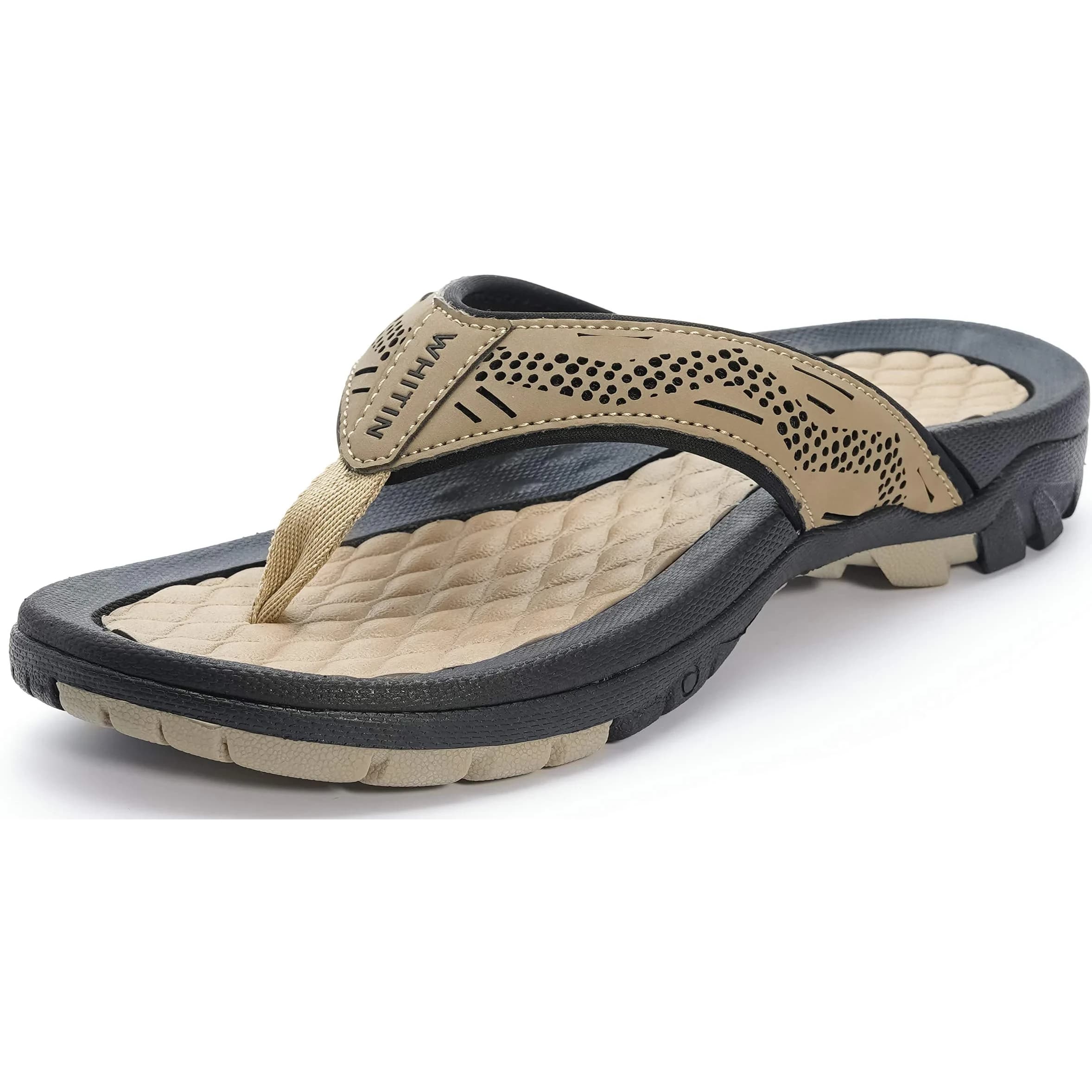 WHITIN Men's Arch Support Flip Flop Sandal Khaki 10 (US Men's) | Modern Contouring with Anatomical Arch Support