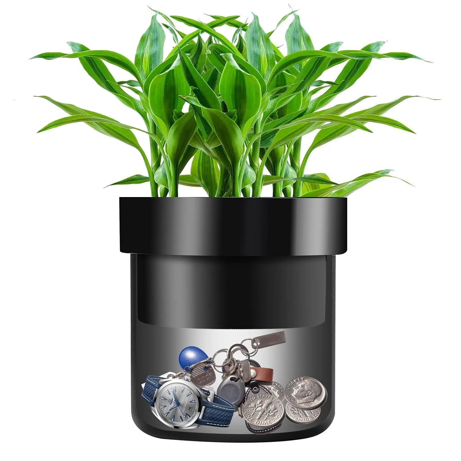 Younion Flower Pot Diversion Safe with Key Lock, Black 12cm (4.8''D x 5.2''H) | Hide Keys, Money, Jewelry - main product image