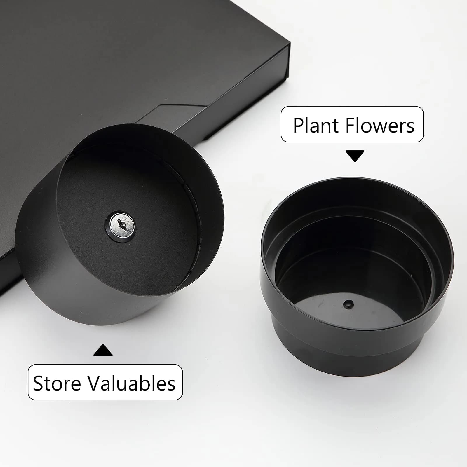 Younion Flower Pot Diversion Safe with Key Lock, Black 12cm (4.8''D x 5.2''H) | Hide Keys, Money, Jewelry - view 4