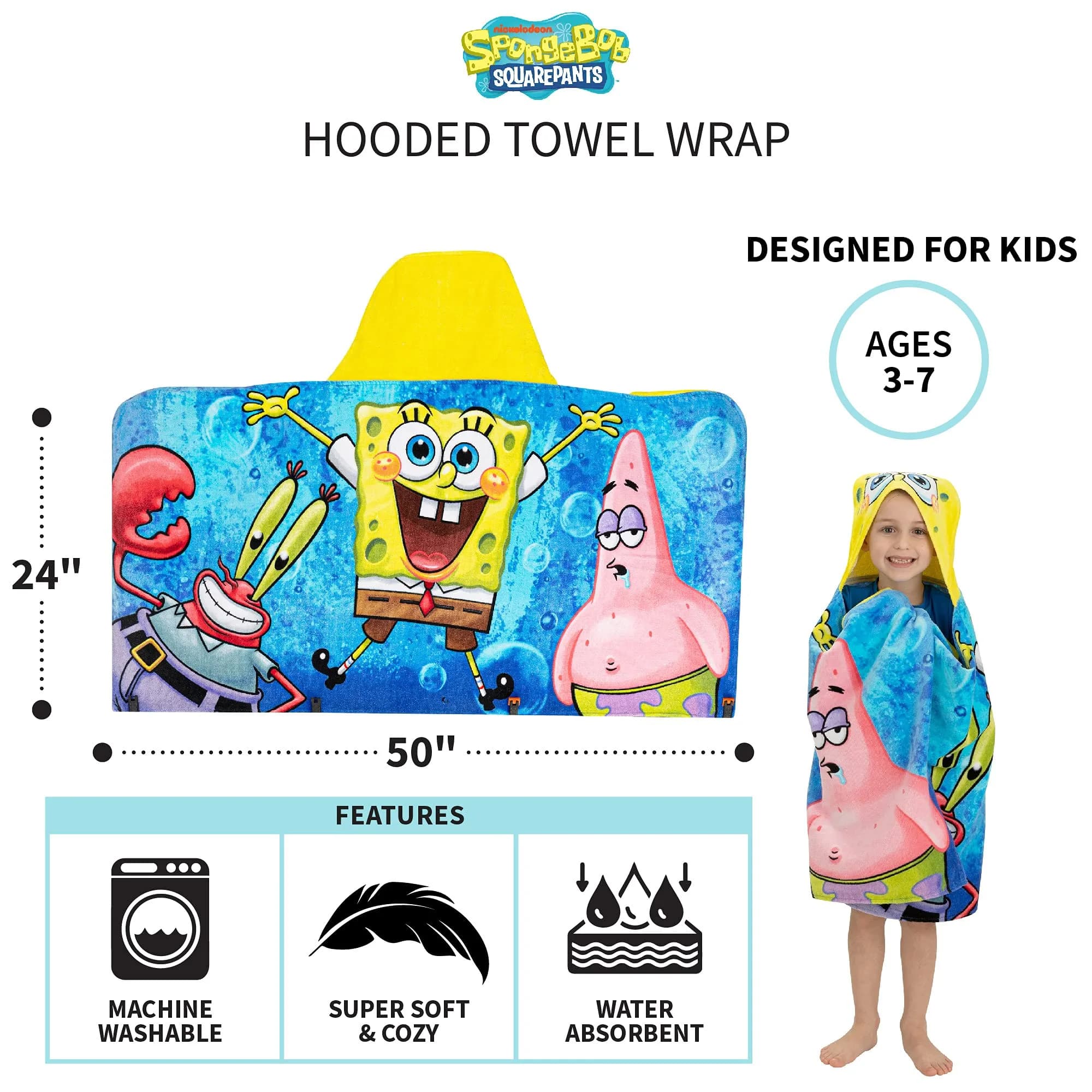 Franco SpongeBob SquarePants Hooded Towel Wrap 63cm x 127cm | Soft Cotton Terry for Bath & Beach - view 5
