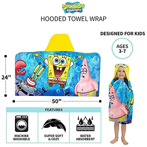Franco SpongeBob SquarePants Hooded Towel Wrap 63cm x 127cm | Soft Cotton Terry for Bath & Beach thumbnail 5