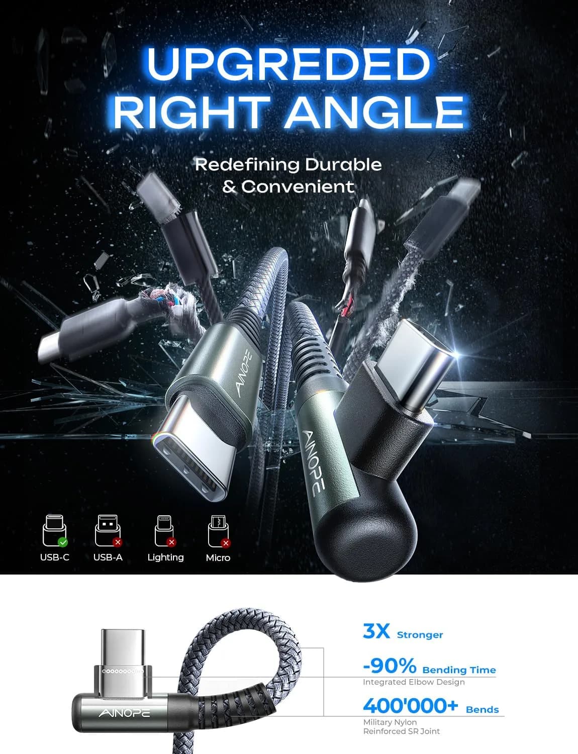 AINOPE Right Angle USB C to USB C Cable 6.6ft (20cm) 60W | Fast Charging & Data Transfer - view 2