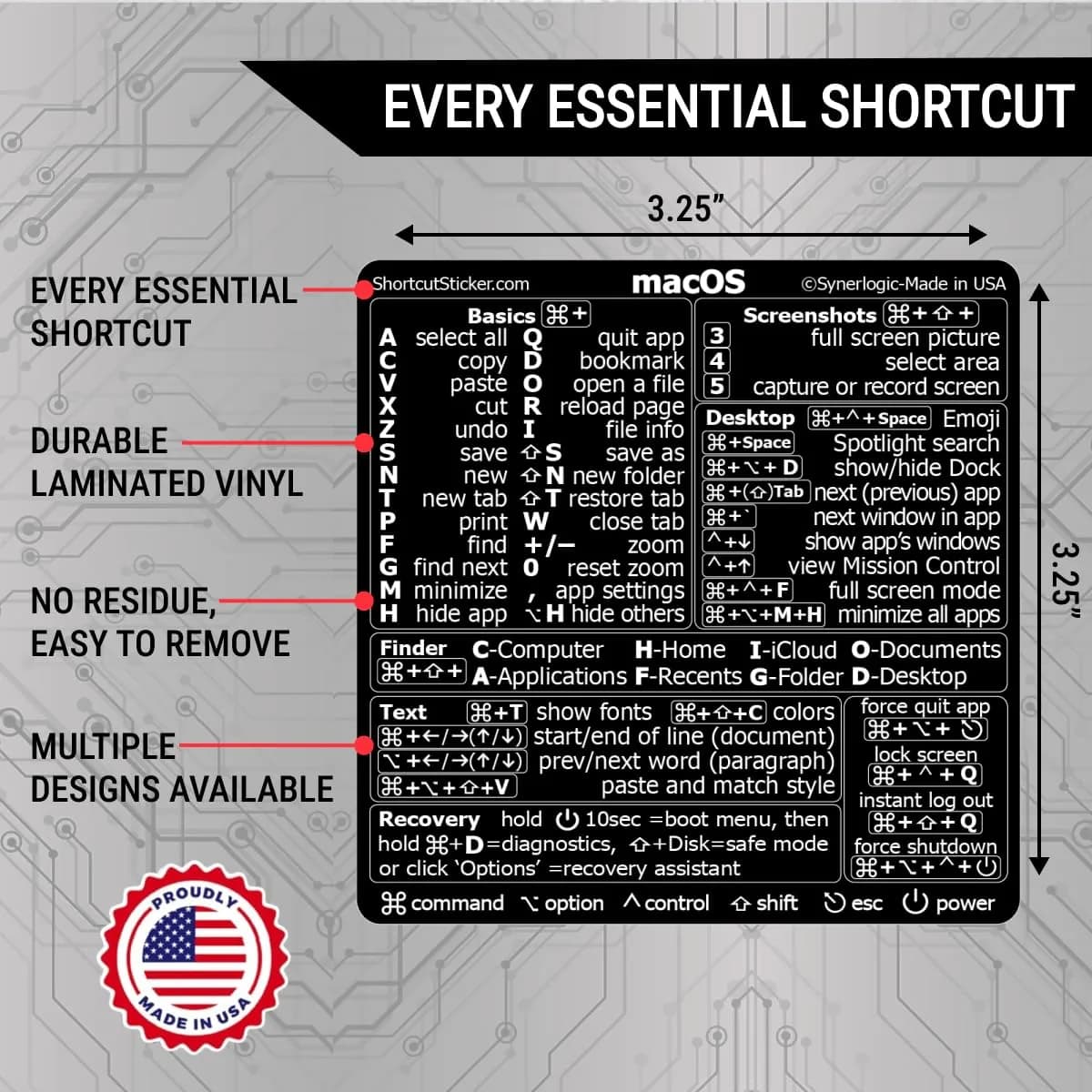 Synerlogic Mac OS Shortcuts Sticker for Air/Pro | Laminated Vinyl Keyboard Cheatsheet (Black) - view 2