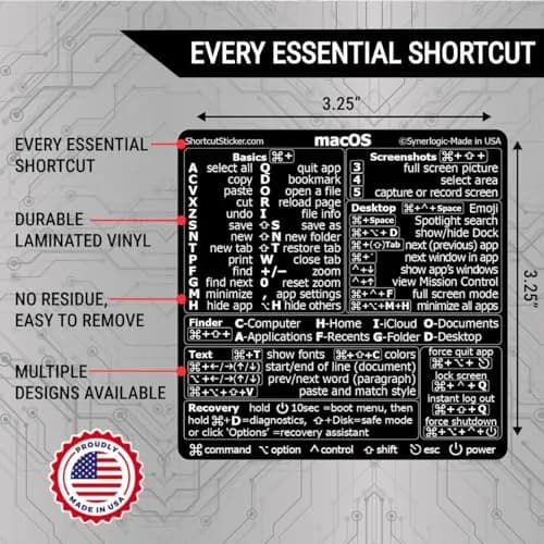 Synerlogic Mac OS Shortcuts Sticker for Air/Pro | Laminated Vinyl Keyboard Cheatsheet (Black) thumbnail 2