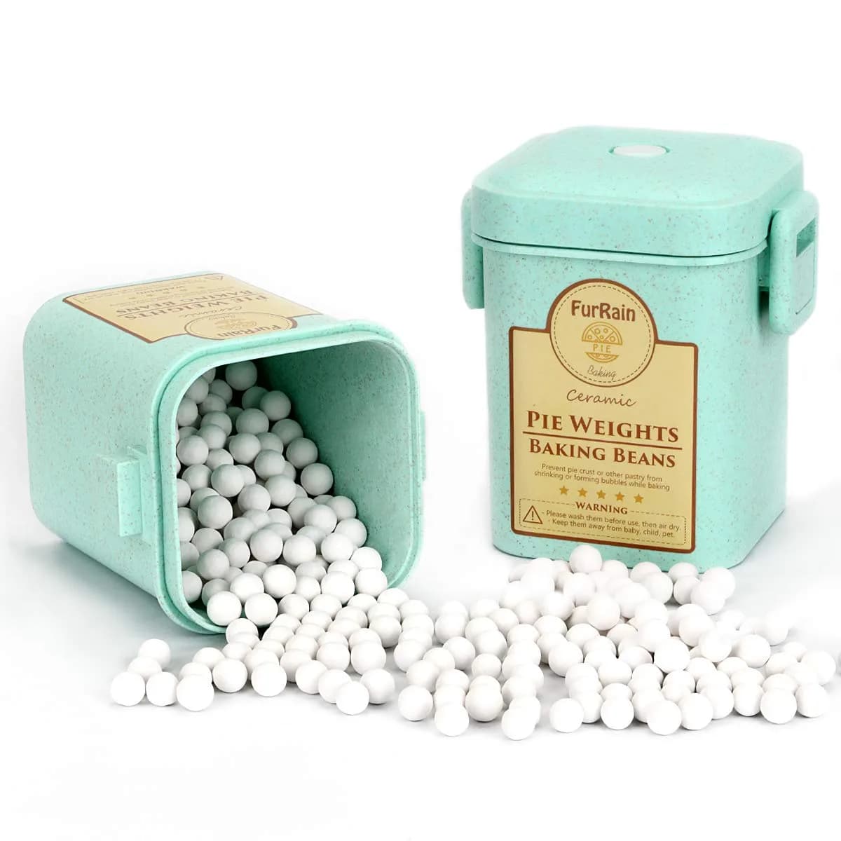 FurRain Ceramic Pie Weights Reusable 10mm Baking Beans | Natural Ceramic Stoneware with Wheat Straw Container