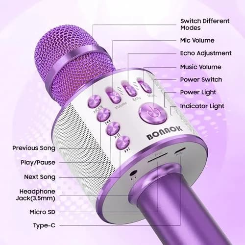 BONAOK Wireless Bluetooth Karaoke Microphone Q37 Light Purple | 3-in-1 Portable Mic Speaker for All Smartphones thumbnail 5